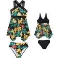 Detail of mother and daughter two-piece swimsuits with tropical leaf prints and mesh panels - S / Yellow Leaf