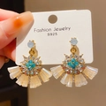 Close-up of vintage gold fan-shaped earrings with blue rhinestones and S925 silver needles - Champagne Fan Flower Style (14#)