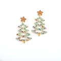 Macro detail of Christmas tree earrings with colorful rhinestones and golden frame - Multicolor Green
