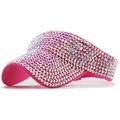Sparkly pink rhinestone sun visor hat for women featuring a shimmering crystal design - Bright Pink Base with AB Rhinestones (05)