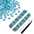 Blue nail art flatback rhinestones set with clear organizer box, pen and tweezers - Peacock Blue Set with Dotting Pen & Tweezers