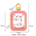 Pink enamel rectangular pendant with crystal stone in gold finish, size 12x15mm - Pink Rectangle