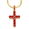Detail of gold snake chain with a cross pendant featuring vibrant red zircon stones - Gold Rose Red Gemstone