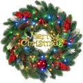 Christmas wreath with LED lights, red berries, pine cones and gold Merry Christmas sign - 46cm PE With Remote Light