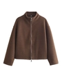 Detail of a brown wool jacket with stand-up collar and smooth silver zipper closure - S / Coffee