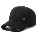 Men's winter warm baseball cap with ear flaps and metal logo on a black twill fabric - Adjustable / Black