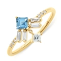 Detail view of gold ring with blue square gem and sparkling pavé diamond accents - Gold Light Blue Cluster/Size 6