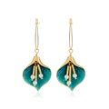 Elegant gold calla lily earrings with green enamel leaves and white pearls on white background - Cyan Leaf Pearl Style (M-017)