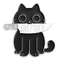 Dark style black cat enamel pin holding a knife with SHE/THEY pronoun badge accessory - SHE/THEY (Black Cat with Knife)
