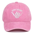 Detailed embroidery of Stay Spooky lettering and skull hand on pink washed cotton cap - Adjustable / Pink