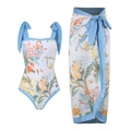 Dreiteiliges Bikini-Set mit tropischem Blumenprint und passendem langem Sarong in Weiß - S / Oberteil Und Unterteil / Blaue Blumen-Schmetterlings-Serie