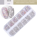 Detailed view of a 12-grid nail art crystal kit with silver AB rhinestones and white diamonds - Silver Bottom White + Silver AB (09)