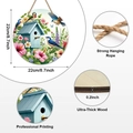 Detail of wooden welcome sign showing size 22cm diameter and thickness specifications - Birdhouse Birds Floral Style (Style N)