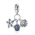 S925 sterling silver ocean charm with blue starfish, sea turtle and shell pendants - Blue Zirconia Marine Starfish Turtle Charm