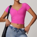 Breathable rose pink V-neck yoga t-shirt with metal buttons for running and fitness - XS / Rose Red