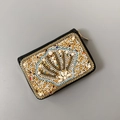 Bohemian style black leather card holder with colorful handmade beadwork and gold zipper - No.36 (Fan-shaped Beads)