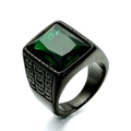 Men's black stainless steel ring with square green gemstone and Greek key patterns - US 13 / Black Base Green Gemstone