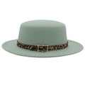 Mint green wool boater hat with leopard print band and gold buckle on white background - M (56-58cm) / Mint Green