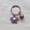 Handmade knitted brown flower keychain with small bell and brown metal ring for bags - Brown