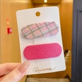 Cute kids hair clip set with pink plaid and dark rose textured fabric on display card - Fabric Wrapped Clip (3292) / 2 Pcs/Set / Rose Pink