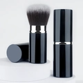 Portable retractable makeup brush with black casing and brown gradient fiber bristles - Large Black Silver Round