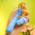 Creative blue milk tea cup keychain with silicone strap and cream dessert charm - Blue (Rope Style, No Package)