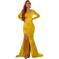 Elegant gold sequined long-sleeve evening gown with side slit and fishtail hem - US size 2 (S) / Top And Bottom / Gold