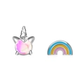 Pendientes asimétricos de plata con unicornio, piedra púrpura y un arcoíris colorido - Pendientes de Botón de Unicornio Arco Iris (WG0-0214)
