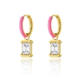 Fashion zircon jewelry set with pink enamel hoops and emerald-cut clear crystal earrings - Gold Pink Enamel Rectangle Stone