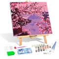 DIY diamond painting kit with Mount Fuji cherry blossoms and wooden easel stand - YTH-02