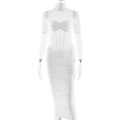 Détail de robe moulante blanche avec patchwork en tulle transparent et taille froncée - S / Standard / Blanc