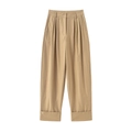 Minimalistische khakifarbene Damen-Hose mit weitem Bein, Plisseefalten und modischem Umschlag - S / Khaki