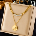 Golden double-layer necklace featuring a clear rectangle gem and a vintage coin pendant - Elizabeth Coin Zircon Double Layer Style (N2467)