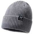 Grey ribbed knit beanie for men featuring a folded cuff and branded square label - Light Gray