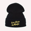 Close-up of black beanie with high-quality yellow REAL HASTA LA MUERTE embroidery detail - Black with Yellow Letters
