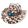Dettaglio cappello da cowboy leopardato in finta pelliccia con fascia turchese - M (56-58cm) / Corona a Cuore Beige
