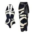 One-shoulder bikini set with matching high-waisted floral cover-up sarong skirt - S / Black & White Abstract One-Piece Set