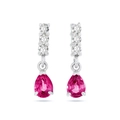Detail of S925 silver drop earrings featuring pear-cut pink zircon and white accent stones - Rose Red Silver