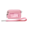 Dettaglio del portacarte in nylon rosa con finestra ID e cordino da polso rimovibile - Rosa con Tasca Trasparente