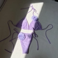 Lavender two-piece bikini featuring 3D fabric rose accents and side-tie high-cut bottoms - S / Light Purple