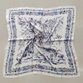 Elegant ivory square silk scarf with navy forest animal print and floral border - White Square Scarf With Orchid Design / 65