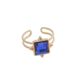 Bague ouverte dorée à double bande avec pierre bleue carrée et détails perlés - Style pierre précieuse bleu foncé carrée (1#)