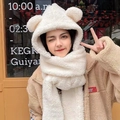 White plush hood scarf with bear ears and soft fleece texture for winter warmth - Bear 3-piece Set - Off-white