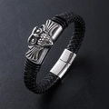Pulsera gótica de búho para hombre en cuero negro trenzado y cierre de acero inoxidable - Color Acero