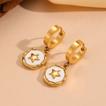 Detail of 18k gold plated stainless steel star earrings with white shell inlay background - Gold Star Hoop Earrings (H308)