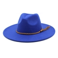 Close-up of royal blue wool fedora hat with wide brim and brown braided belt detail - M (56-58cm) / Sapphire Blue