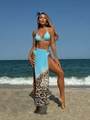 Three-piece sky blue bikini set with gold chain detail and leopard print mesh maxi skirt - S / Sky Blue