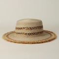 Detailed close-up of bohemian boater hat with colorful frayed edges and hollow woven band - M (56-58cm) / Natural Raffia
