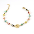 Detail of 18K gold stainless steel evil eye bracelet with colored enamel and E initial - Letter E