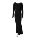 Detailed full view of a sleek black long-sleeved bodycon dress with an open back design - S / Black